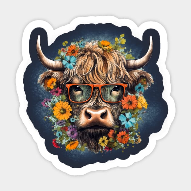 Highland Cow with Flowers Sticker by Designs by Ira